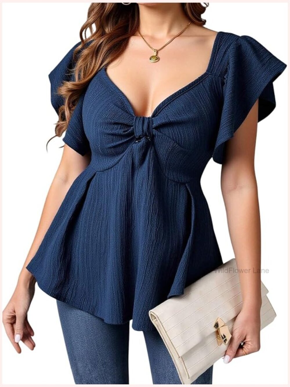 Sweetheart Neck Peplum Babydoll Top Ruffle Sleeve Blouse